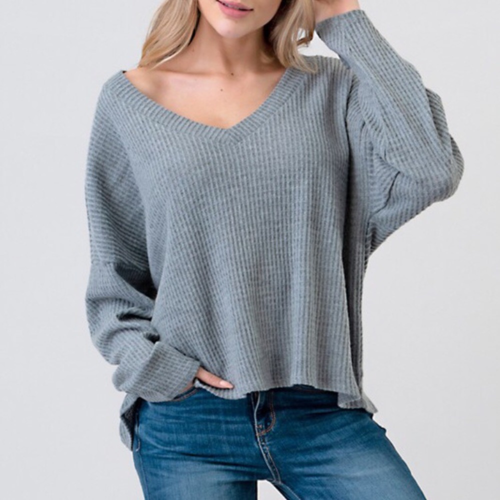 Grey Waffle V-Neck Long Sleeve - Picture 1 of 2